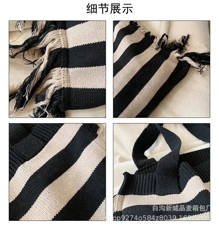 Women's Blue Striped Tassel Tote Bag Large Capacity — feature 3