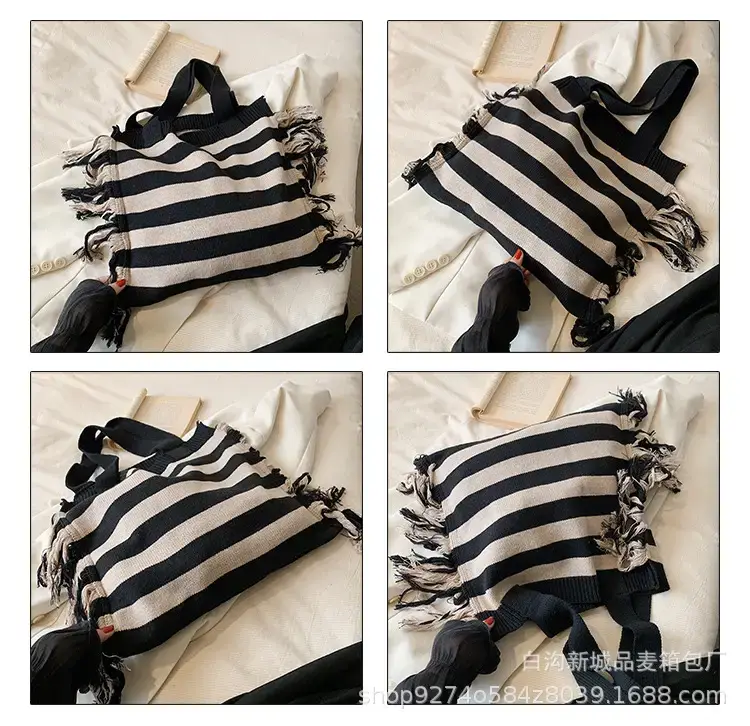 Women's Blue Striped Tassel Tote Bag Large Capacity — feature 4