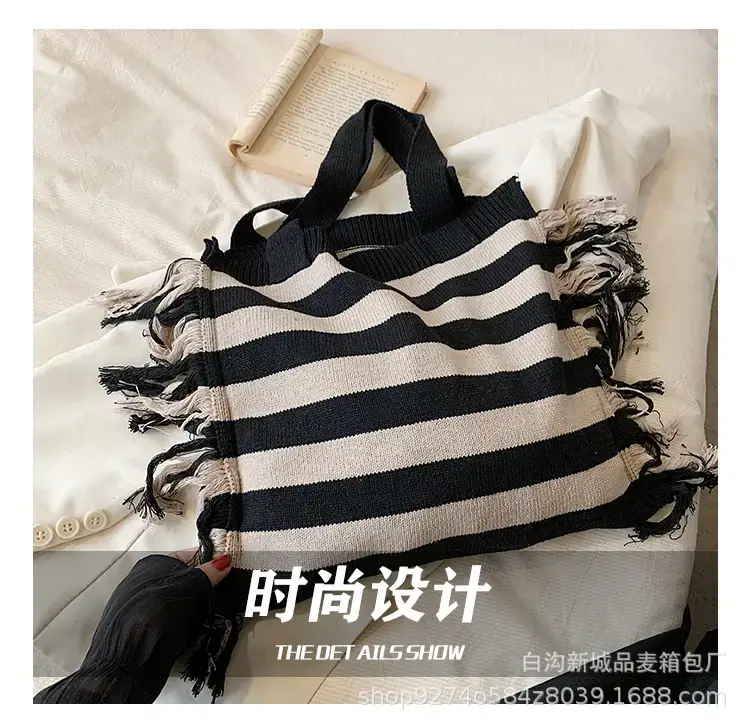 Women's Blue Striped Tassel Tote Bag Large Capacity — feature 6
