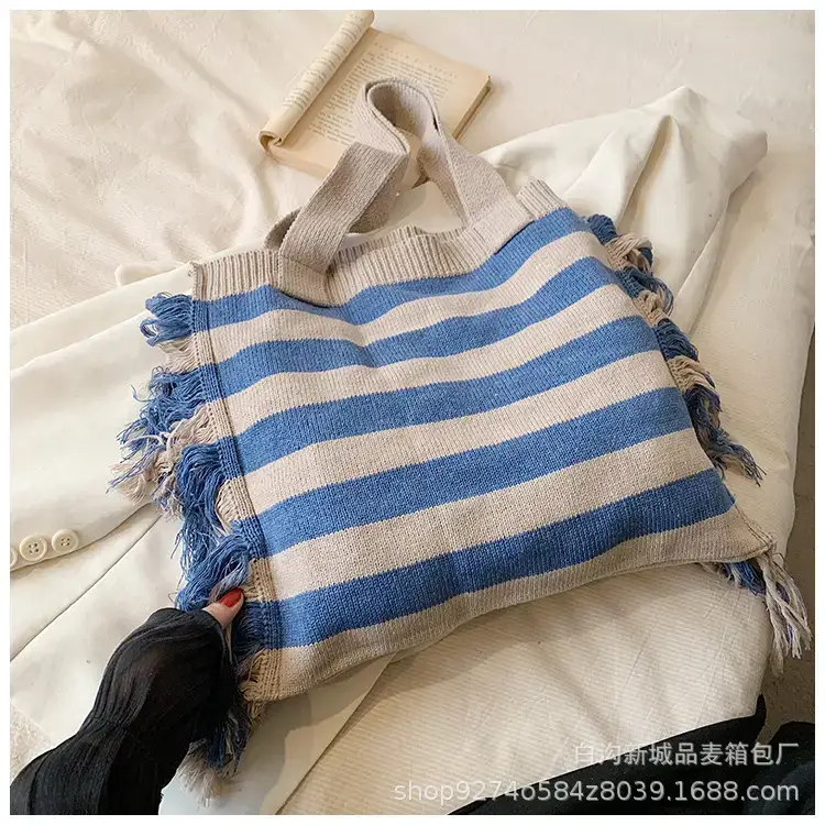 Women's Blue Striped Tassel Tote Bag Large Capacity