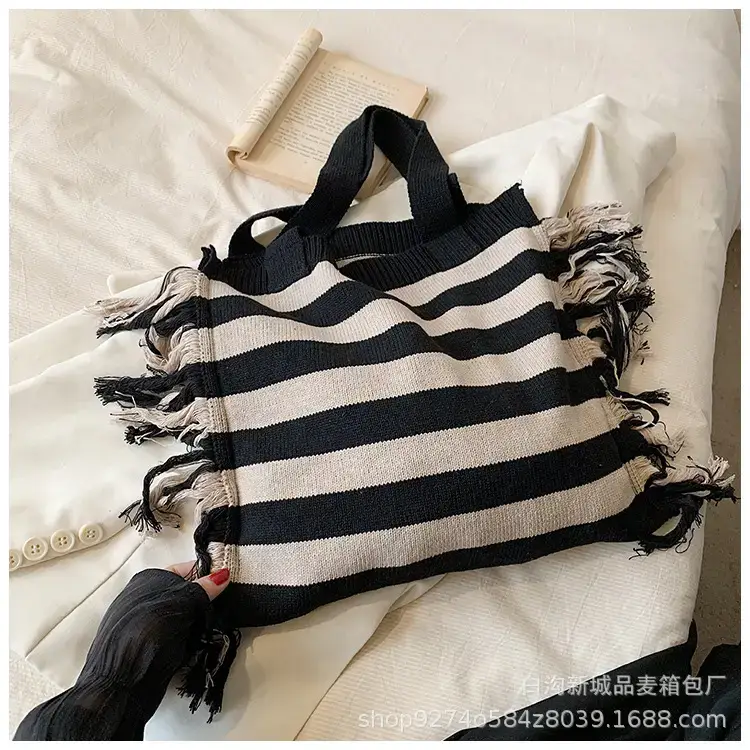 Women's Blue Striped Tassel Tote Bag Large Capacity