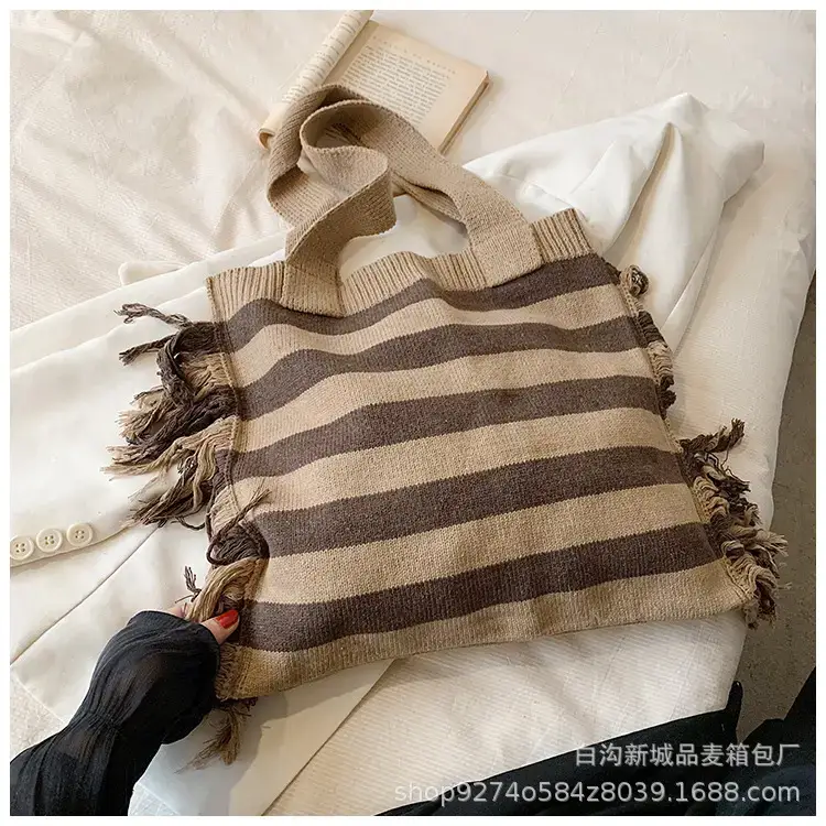 Women's Blue Striped Tassel Tote Bag Large Capacity