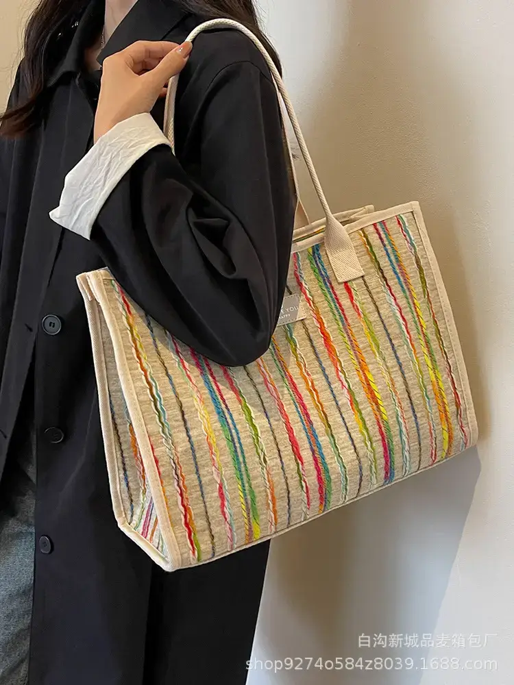 Women Striped Canvas Shoulder Tote 2023 - Image 5