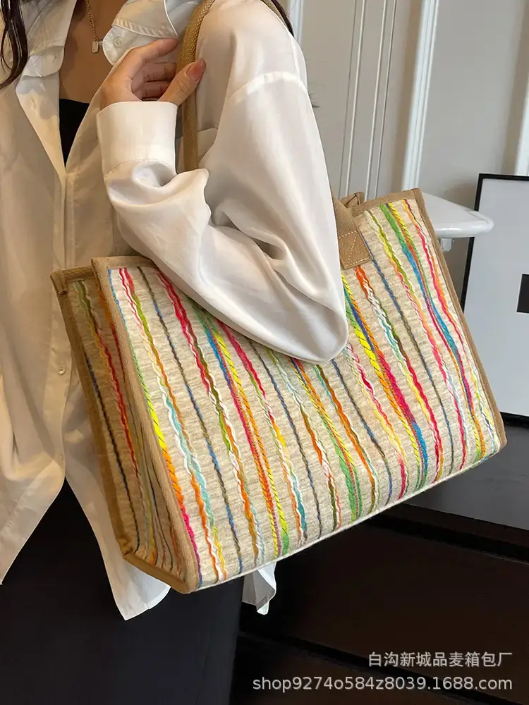 Women Striped Canvas Shoulder Tote 2023 - Image 6
