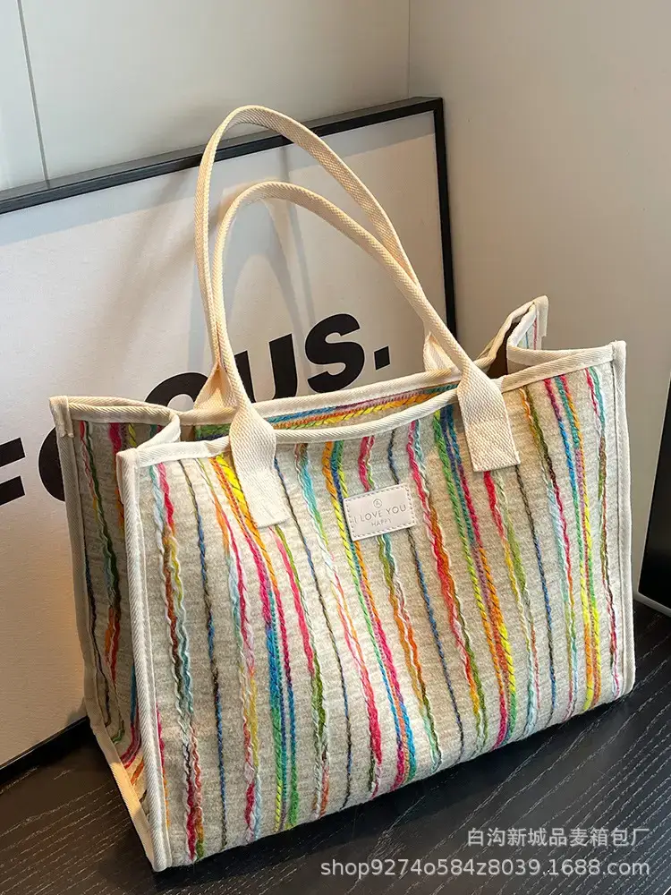 Women Striped Canvas Shoulder Tote 2023 - Image 7