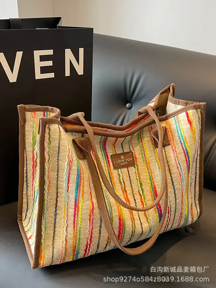 Women Striped Canvas Shoulder Tote 2023 - Image 8
