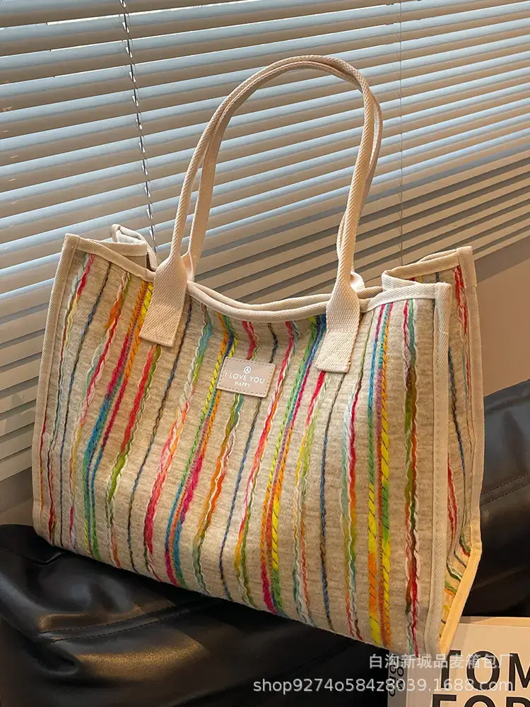 Women Striped Canvas Shoulder Tote 2023 - Image 9