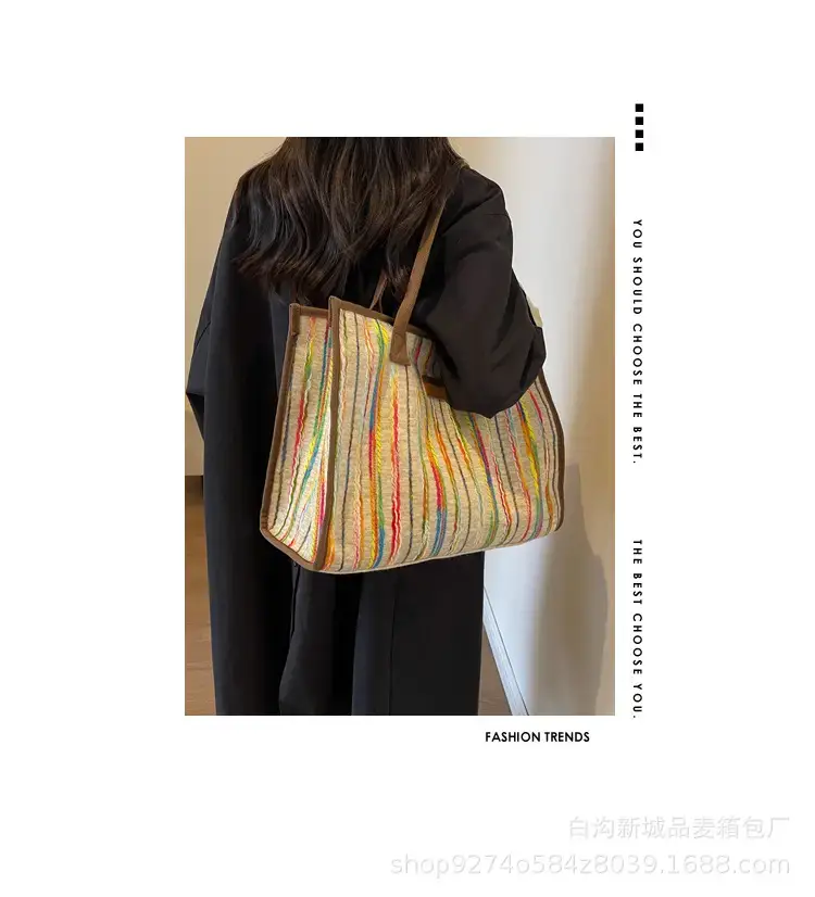 Women Striped Canvas Shoulder Tote 2023 — feature 1