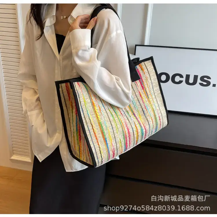 Women Striped Canvas Shoulder Tote 2023 — feature 15