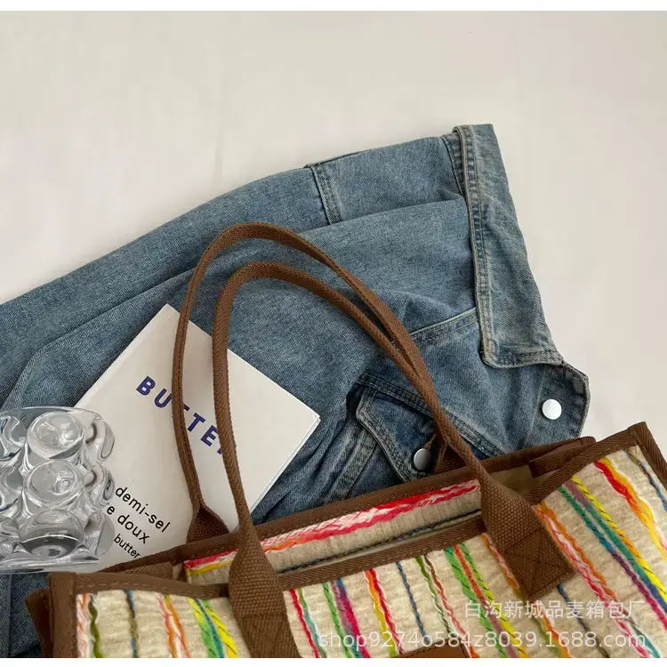 Women Striped Canvas Shoulder Tote 2023 — feature 3