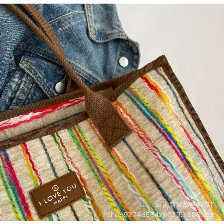 Women Striped Canvas Shoulder Tote 2023 — feature 4