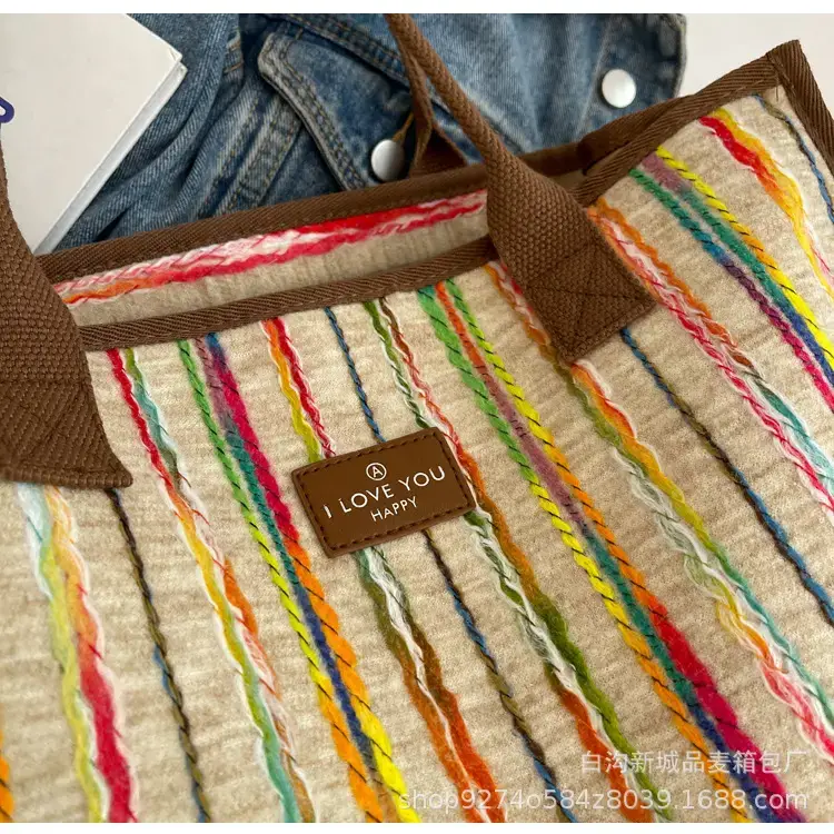 Women Striped Canvas Shoulder Tote 2023 — feature 5