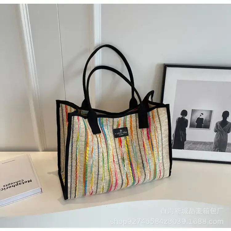 Women Striped Canvas Shoulder Tote 2023 - Image 3
