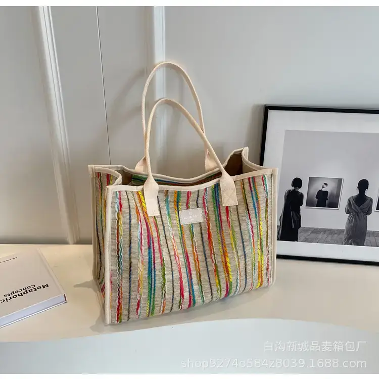Women Striped Canvas Shoulder Tote 2023 - Image 4