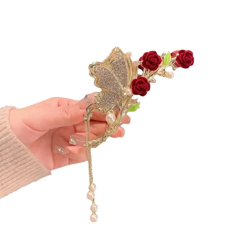 Pink Pearl Hair Clip with Gold Tassels