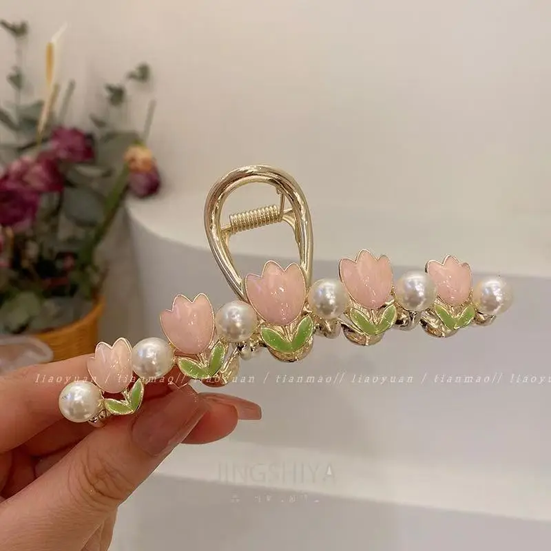 Pink Pearl Hair Clip with Gold Tassels