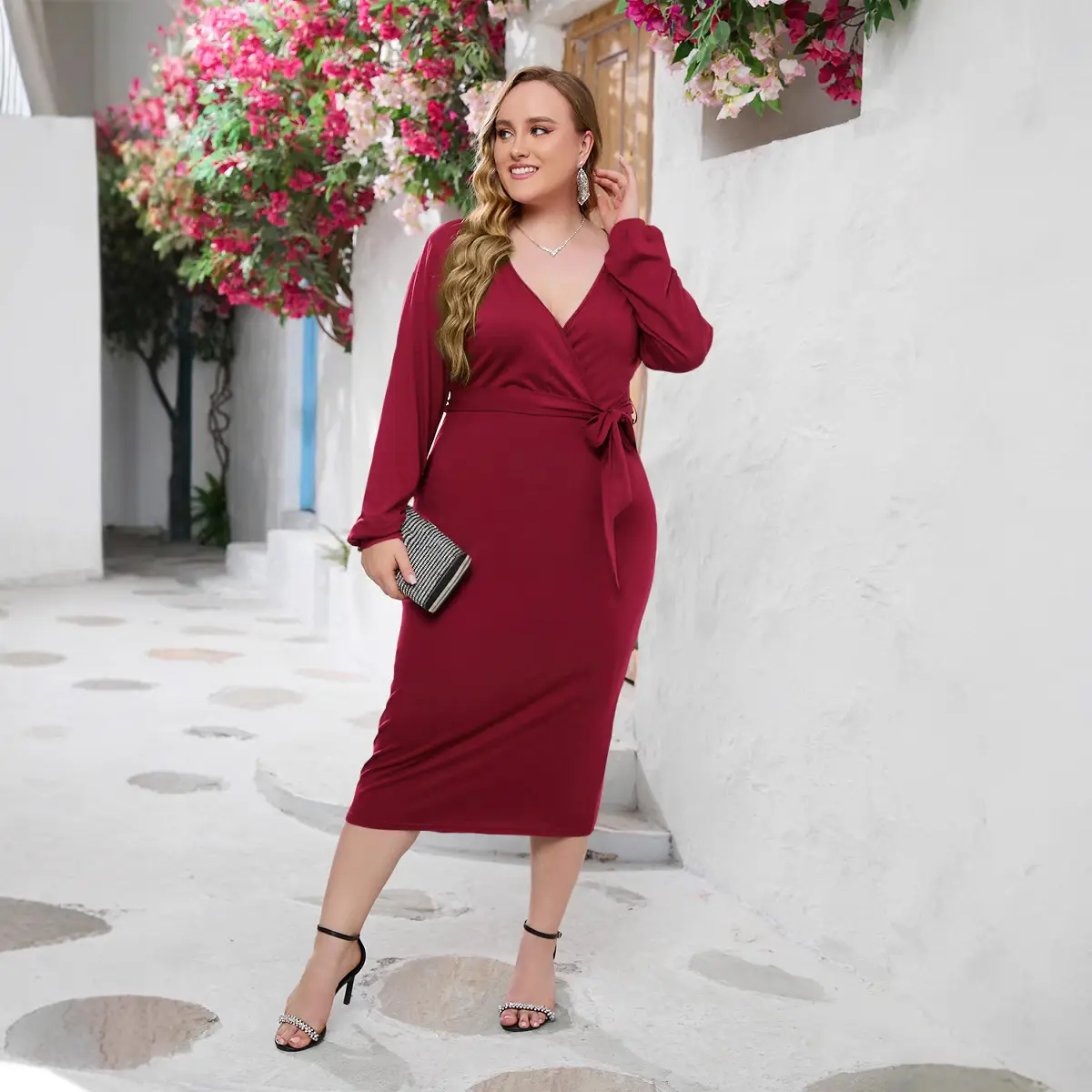Plus Size V-Neck Hip Belt Dress Maroon