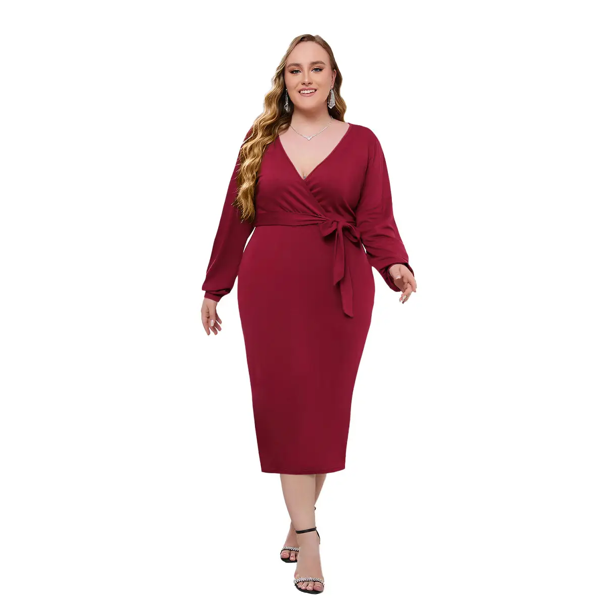 Plus Size V-Neck Hip Belt Dress Maroon