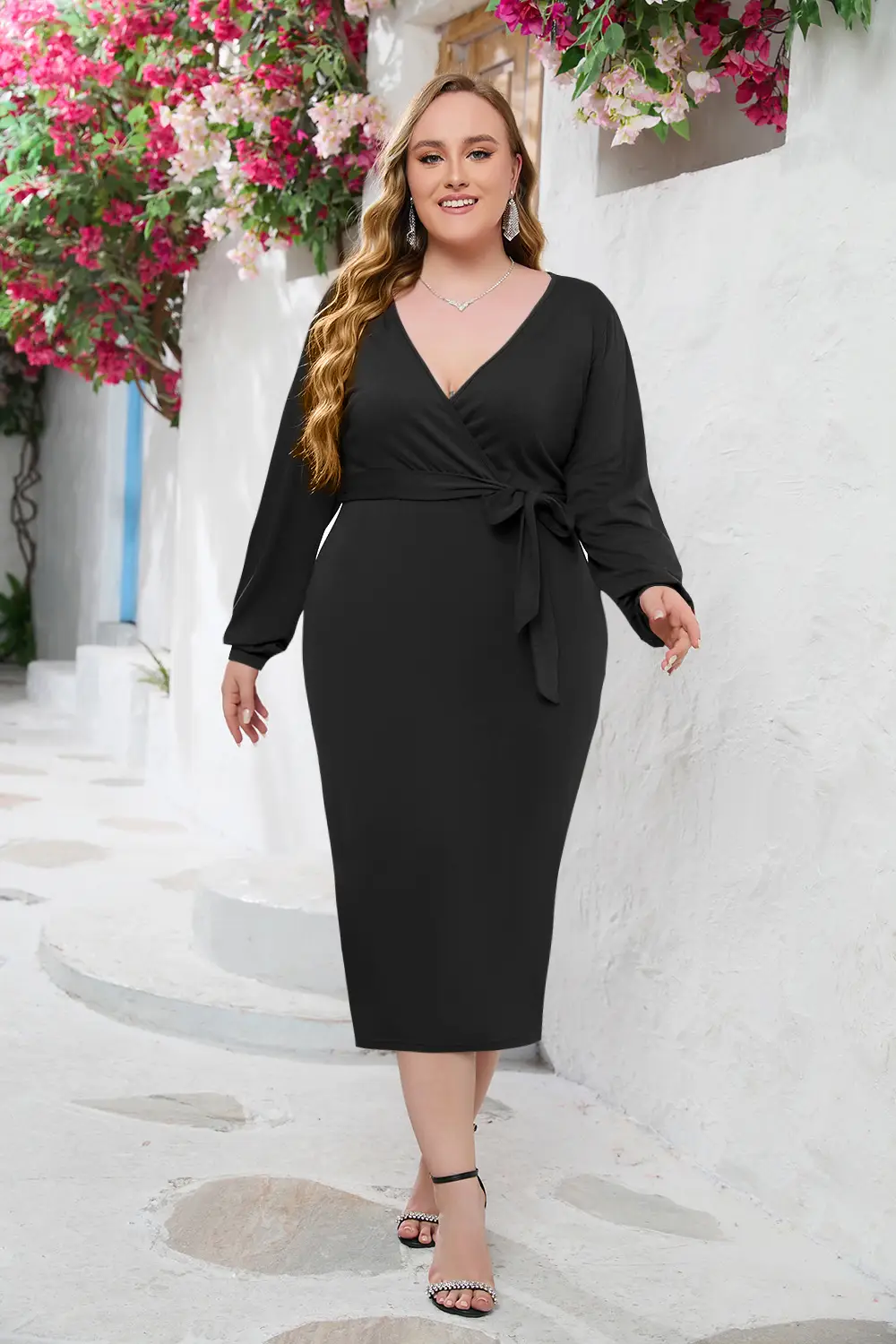 Plus Size V-Neck Hip Belt Dress Maroon — feature 19