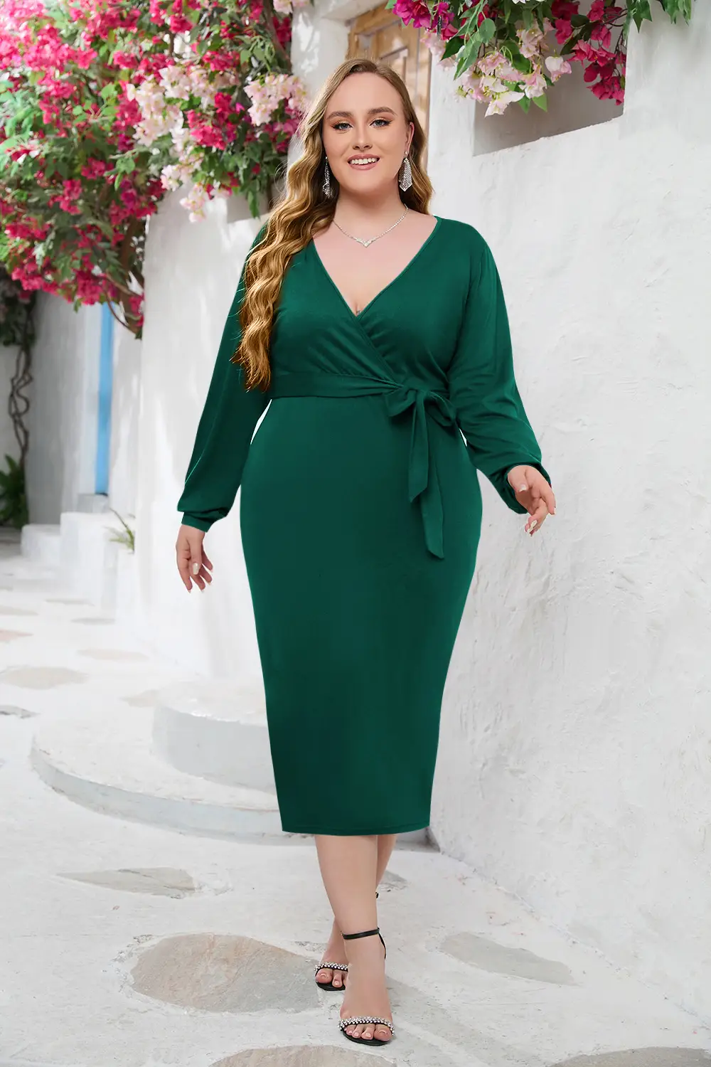 Plus Size V-Neck Hip Belt Dress Maroon — feature 24