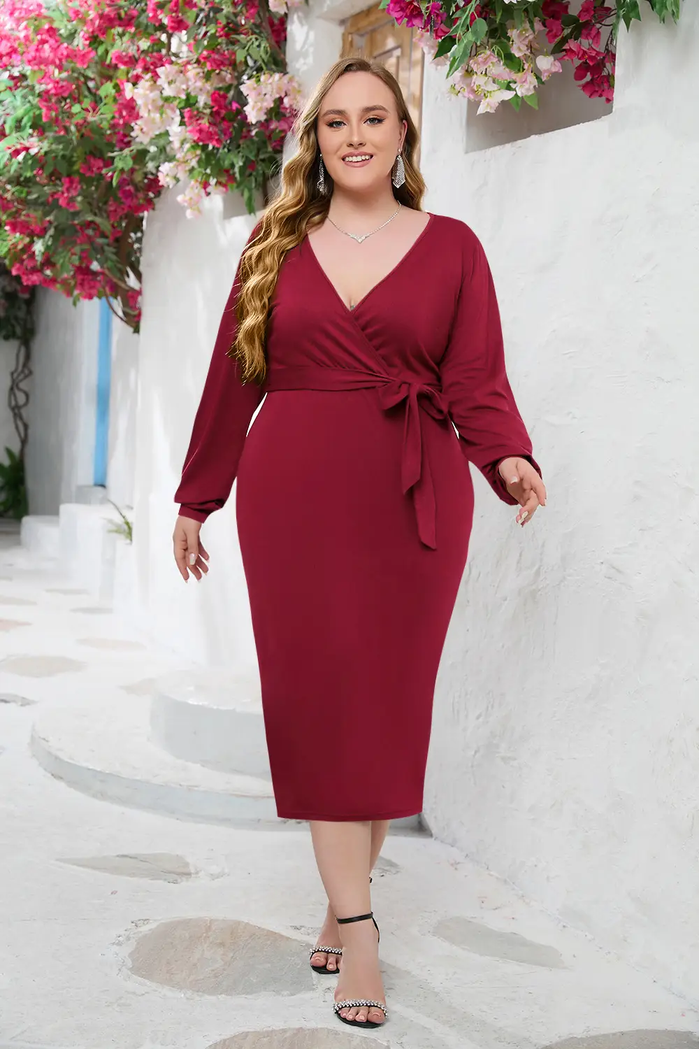 Plus Size V-Neck Hip Belt Dress Maroon — feature 3