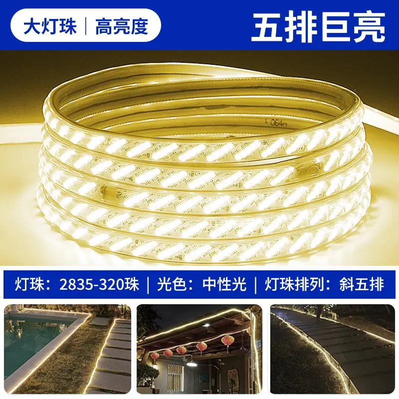 Led Light Strip 220V Living Room Home Ceiling Three-Color Soft Light Strip Outdoor Super Bright Self-Adhesive Light Strip Waterproof Line Light