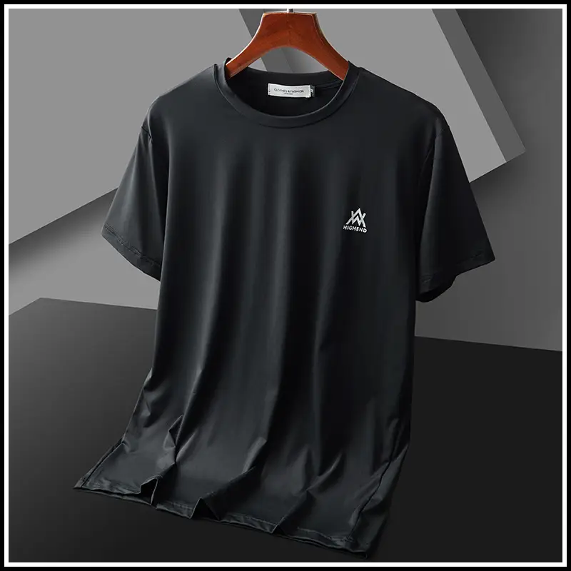 Men Ice Silk T-Shirt Black Short Sleeve - Image 8