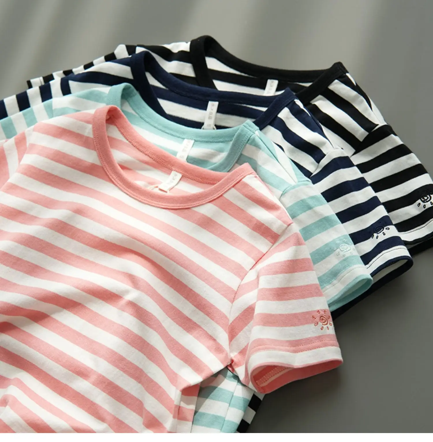 Children Striped Cotton T-Shirt Mint Green Medium — feature 30