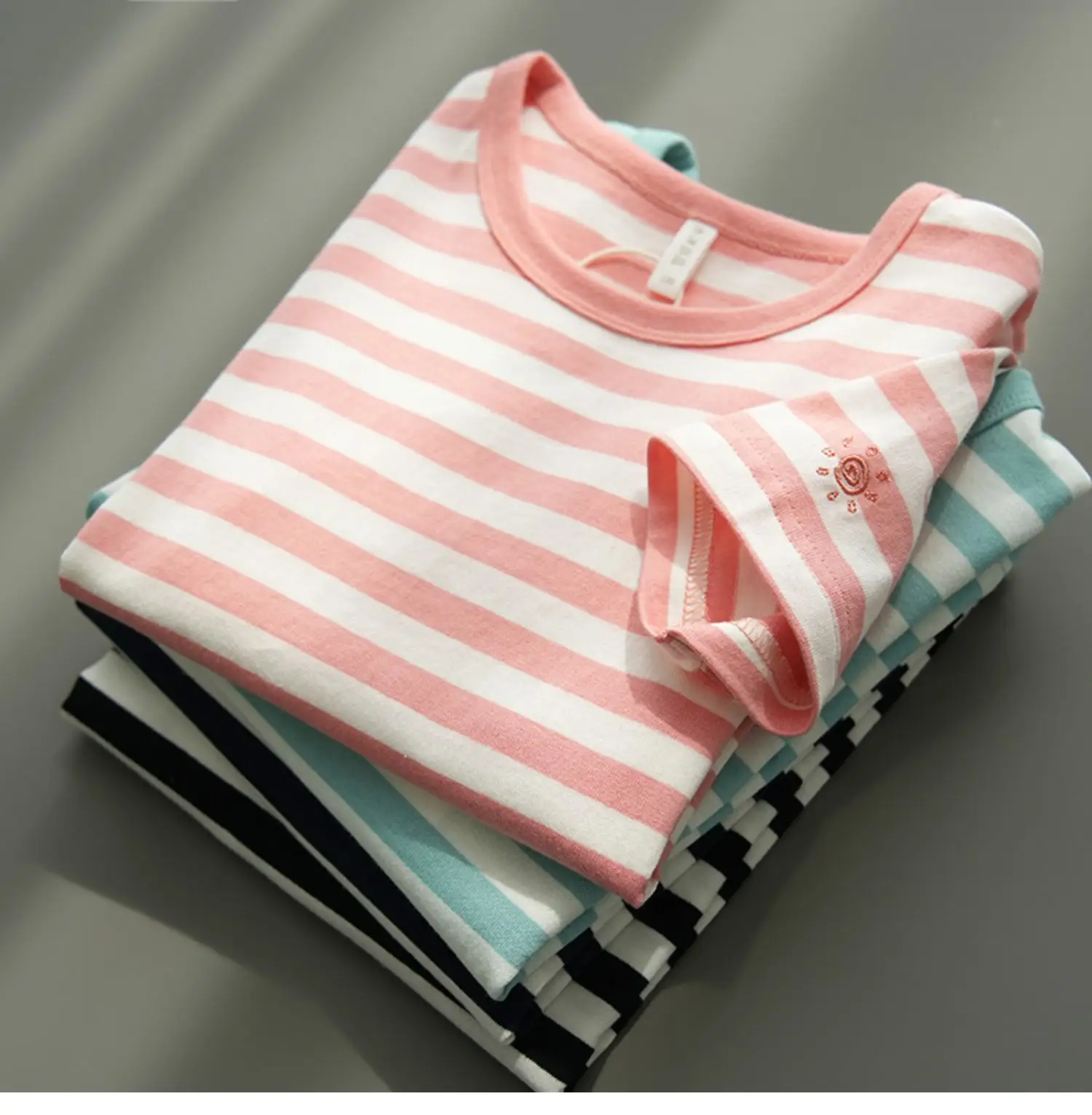 Children Striped Cotton T-Shirt Mint Green Medium — feature 32