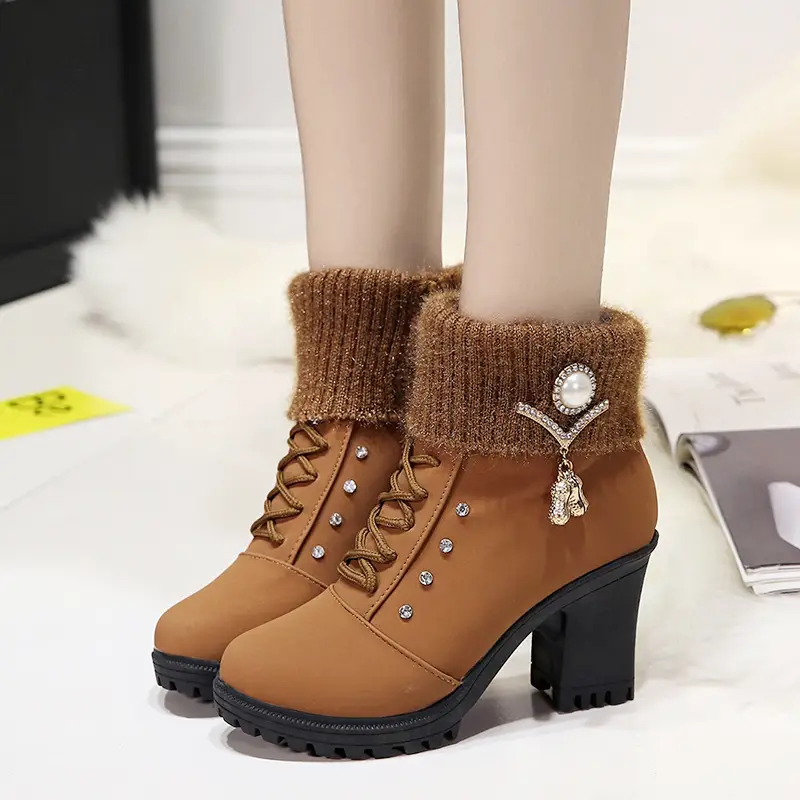 Fall/winter 2023 velvet warm women's cotton shoes high heel comfortable metal buckle side zipper Martin boots fur short boots - Image 5