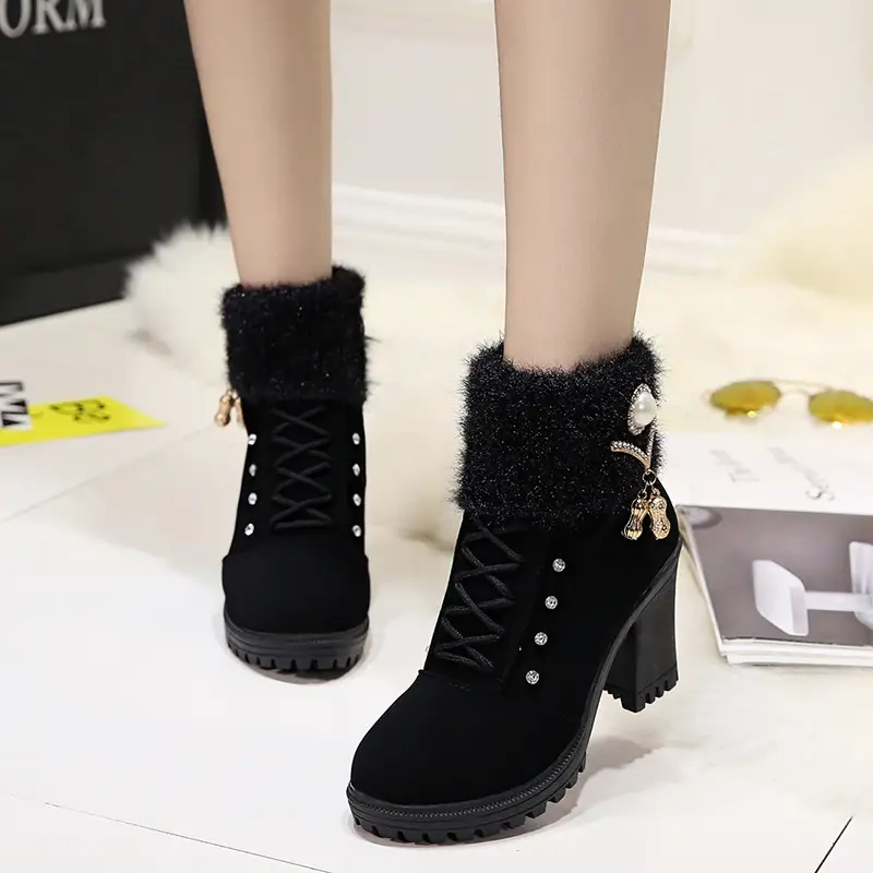 Fall/winter 2023 velvet warm women's cotton shoes high heel comfortable metal buckle side zipper Martin boots fur short boots - Image 6