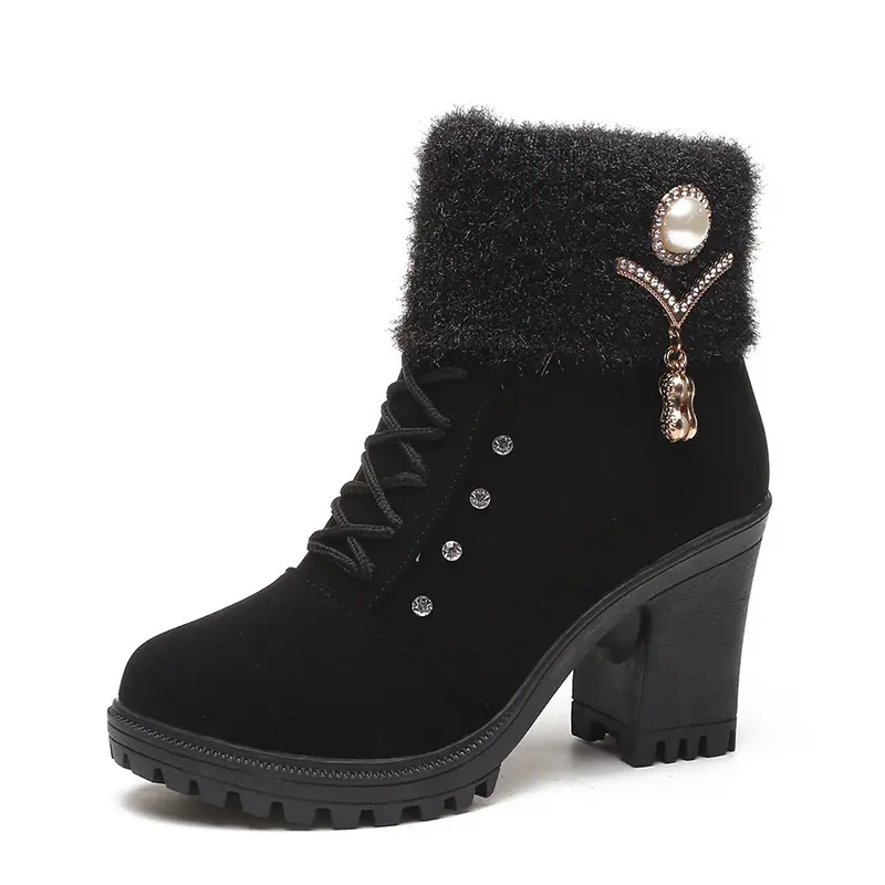 Fall/winter 2023 velvet warm women's cotton shoes high heel comfortable metal buckle side zipper Martin boots fur short boots - Image 7