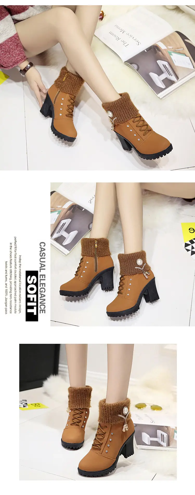 Fall/winter 2023 velvet warm women's cotton shoes high heel comfortable metal buckle side zipper Martin boots fur short boots — feature 10