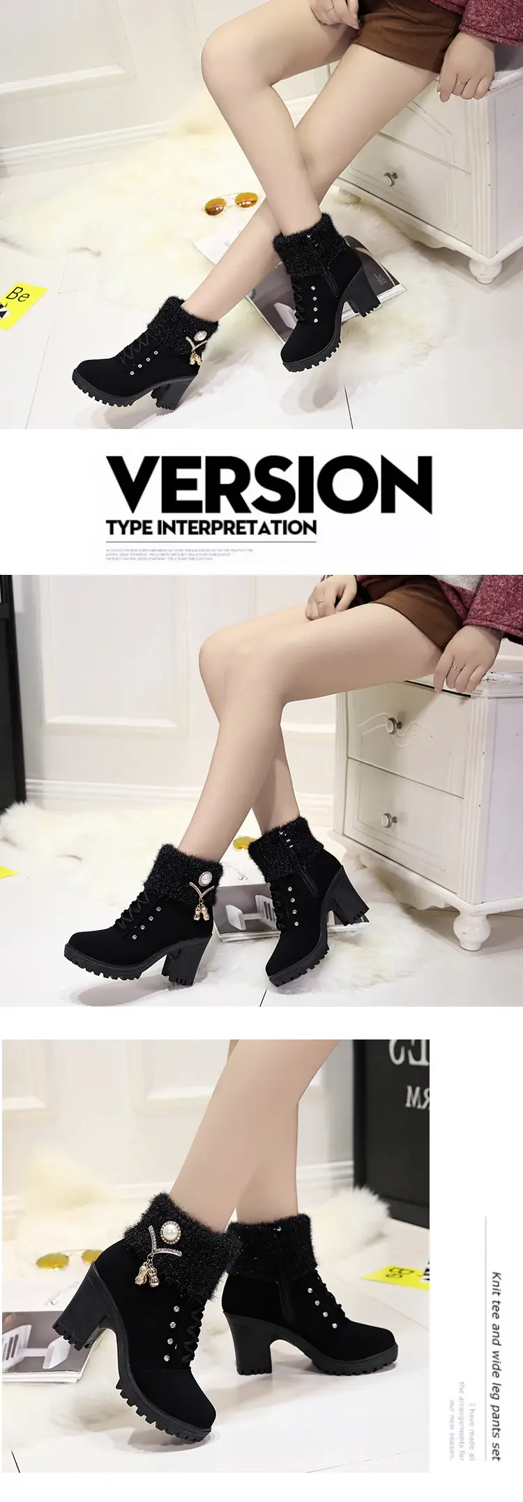 Fall/winter 2023 velvet warm women's cotton shoes high heel comfortable metal buckle side zipper Martin boots fur short boots — feature 12