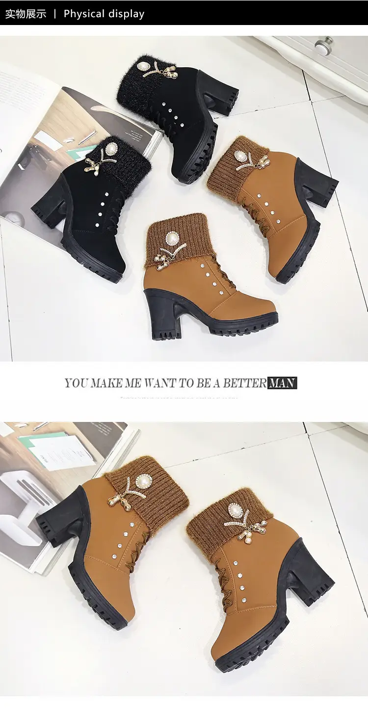 Fall/winter 2023 velvet warm women's cotton shoes high heel comfortable metal buckle side zipper Martin boots fur short boots — feature 5