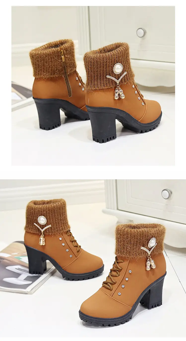 Fall/winter 2023 velvet warm women's cotton shoes high heel comfortable metal buckle side zipper Martin boots fur short boots — feature 6