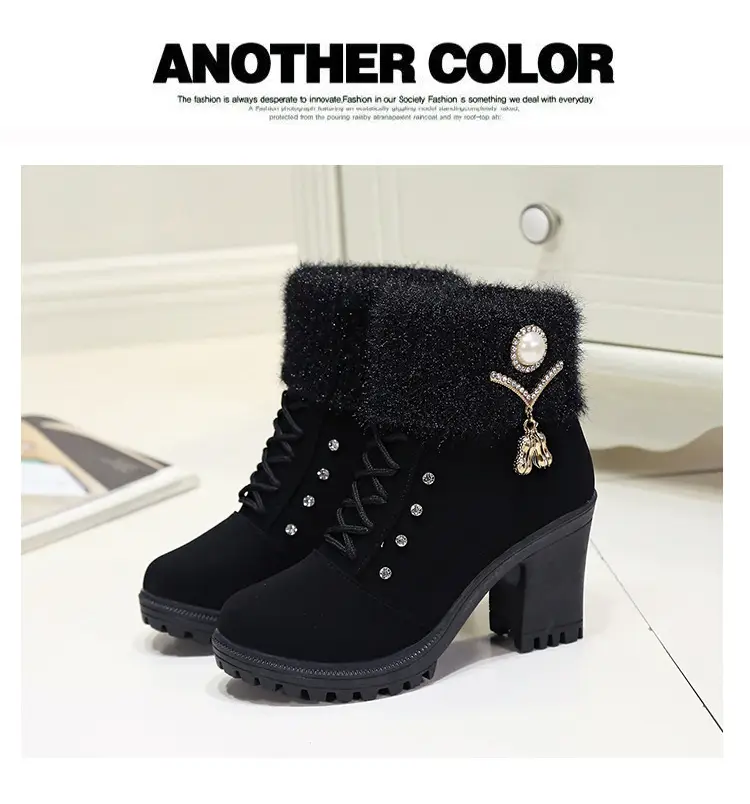 Fall/winter 2023 velvet warm women's cotton shoes high heel comfortable metal buckle side zipper Martin boots fur short boots — feature 7