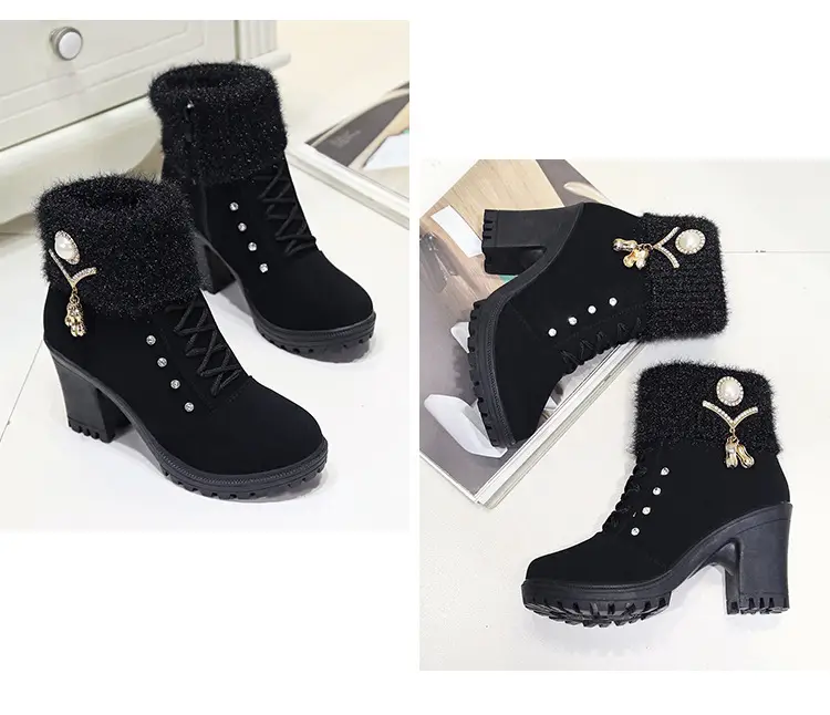 Fall/winter 2023 velvet warm women's cotton shoes high heel comfortable metal buckle side zipper Martin boots fur short boots — feature 8