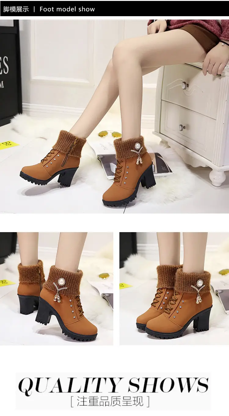 Fall/winter 2023 velvet warm women's cotton shoes high heel comfortable metal buckle side zipper Martin boots fur short boots — feature 9