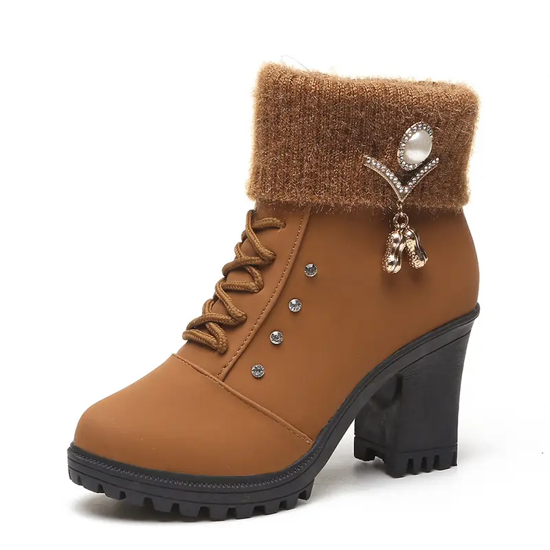 Fall/winter 2023 velvet warm women's cotton shoes high heel comfortable metal buckle side zipper Martin boots fur short boots - Image 2