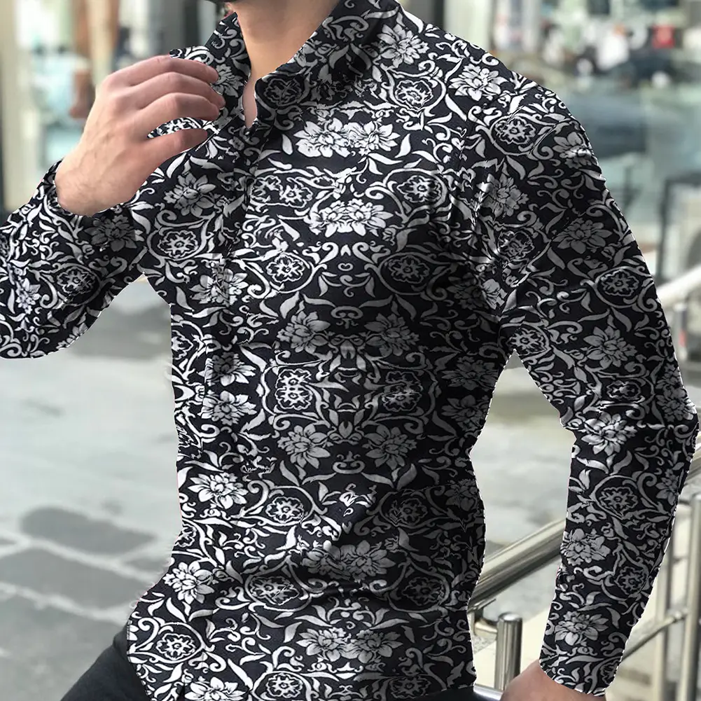 2023 Men's Printed Long Sleeve Shirt Black White Floral Slim Fit - Image 8