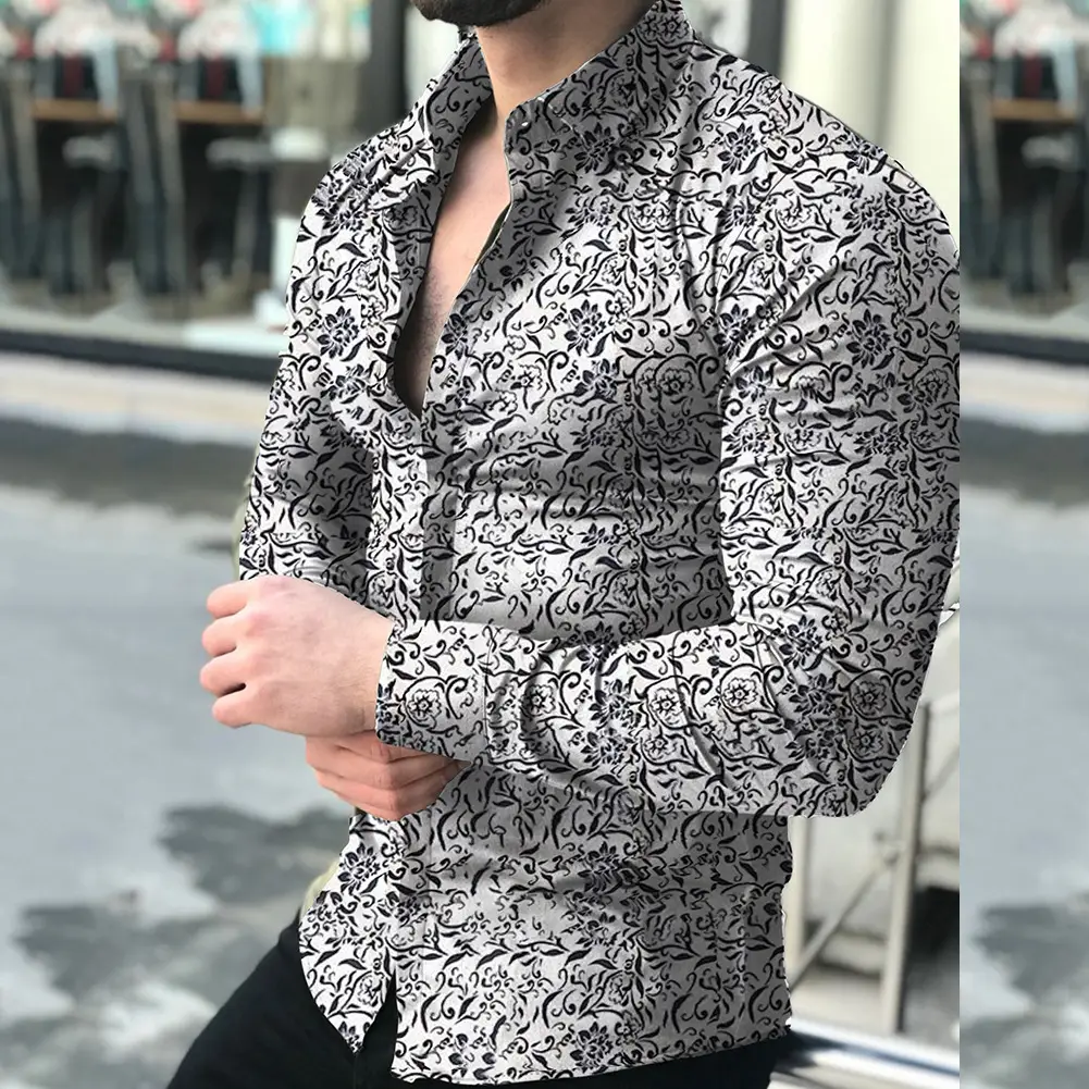 2023 Men's Printed Long Sleeve Shirt Black White Floral Slim Fit - Image 9
