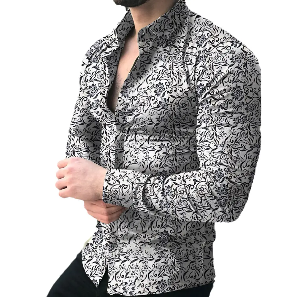 2023 Men's Printed Long Sleeve Shirt Black White Floral Slim Fit - Image 11