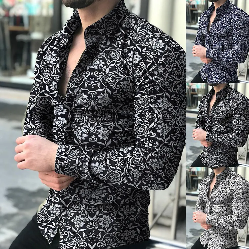 2023 Men's Printed Long Sleeve Shirt Black White Floral Slim Fit — feature 2