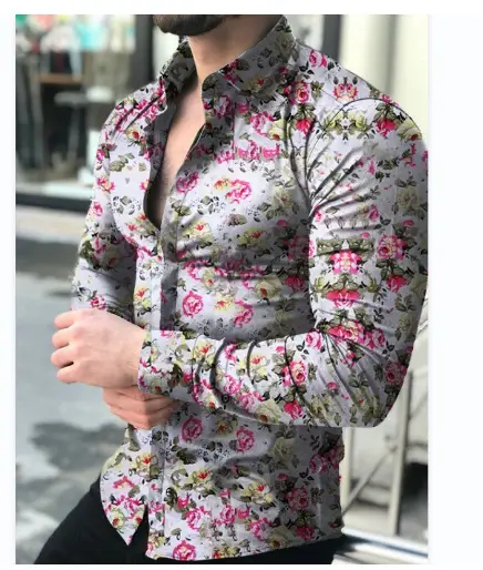 2023 Men's Printed Long Sleeve Shirt Black White Floral Slim Fit — feature 4
