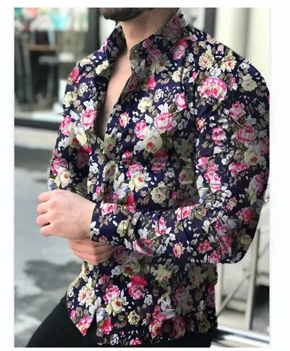 2023 Men's Printed Long Sleeve Shirt Black White Floral Slim Fit — feature 5