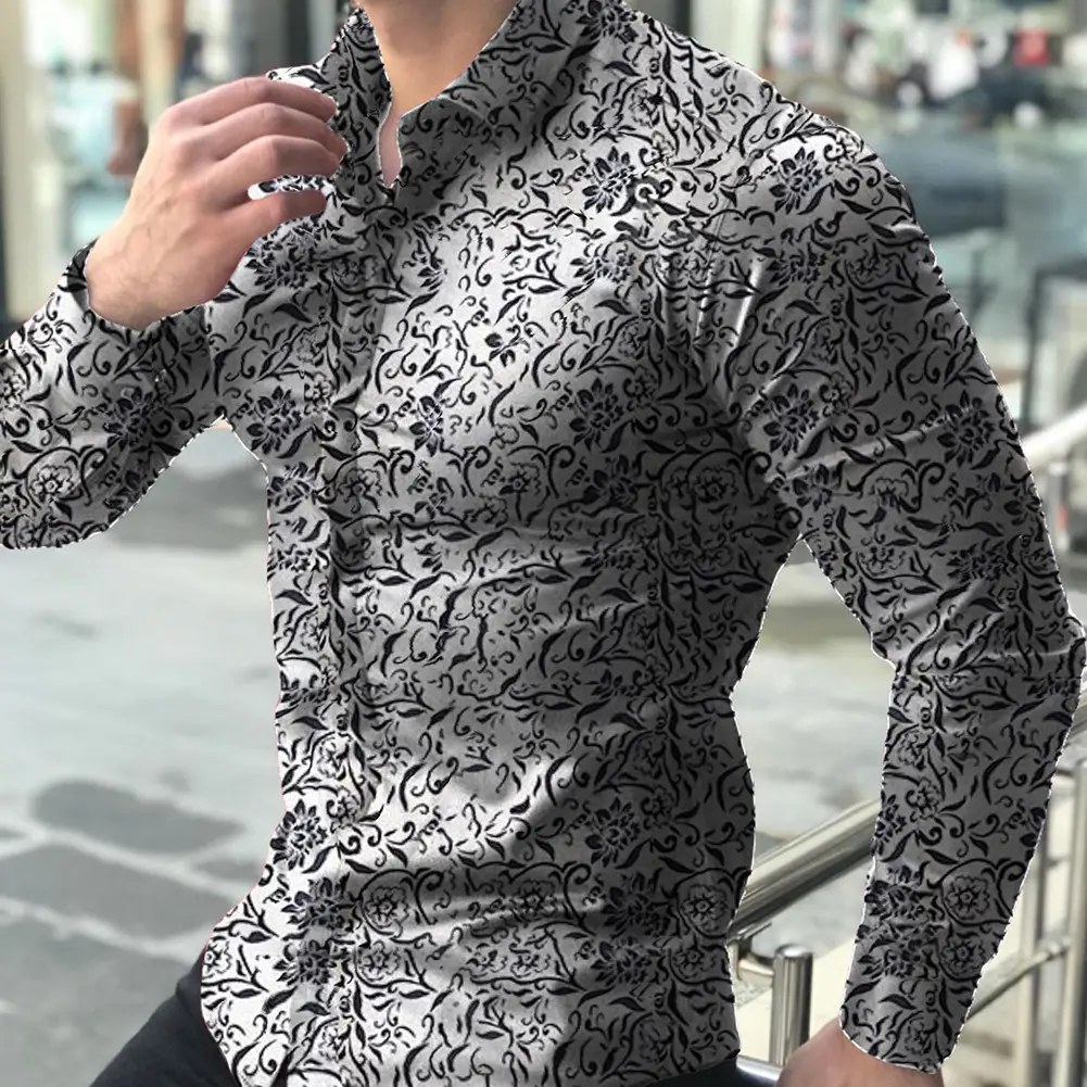 2023 Men's Printed Long Sleeve Shirt Black White Floral Slim Fit — feature 6