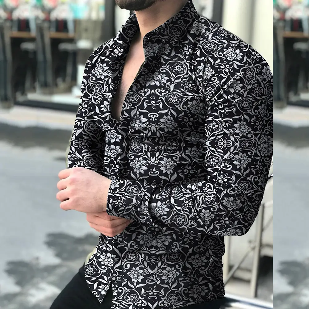 2023 Men's Printed Long Sleeve Shirt Black White Floral Slim Fit - Image 2