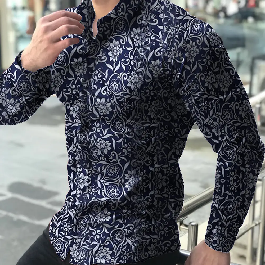 2023 Men's Printed Long Sleeve Shirt Black White Floral Slim Fit - Image 3