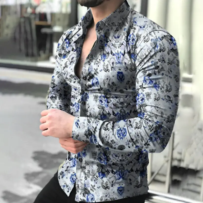 2023 Men's Printed Long Sleeve Shirt Black White Floral Slim Fit - Image 6